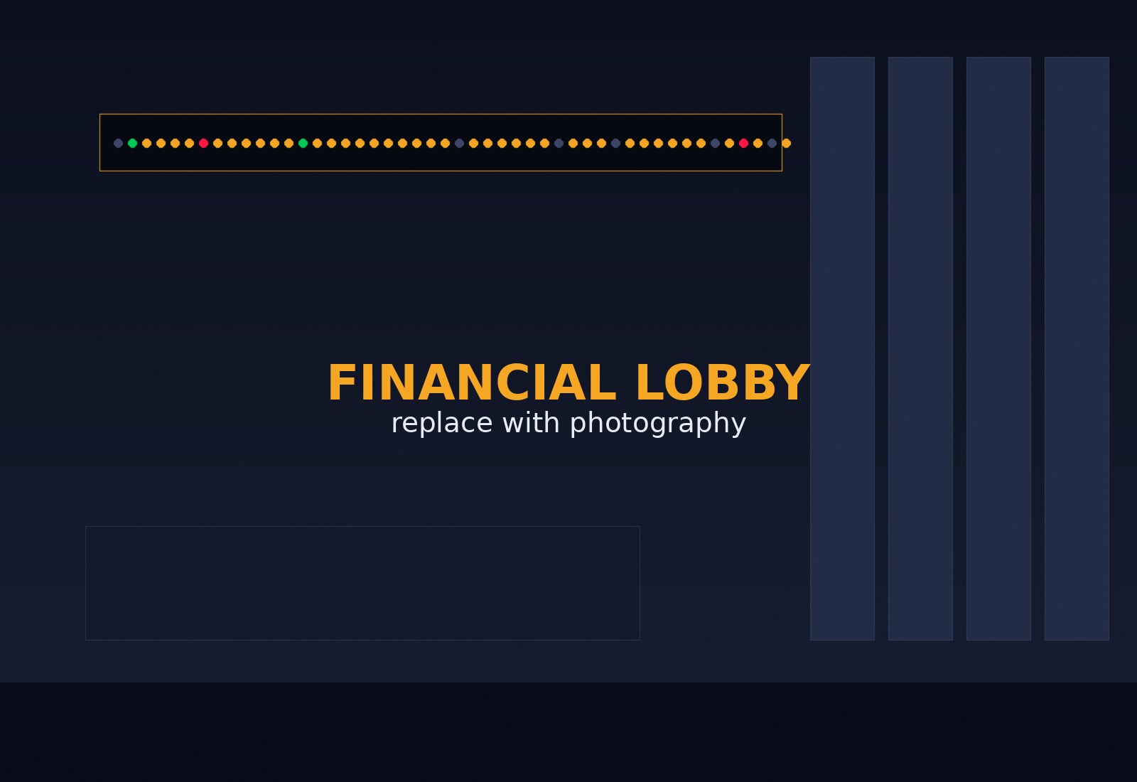 Financial firm lobby with an LED stock ticker display mounted above the reception