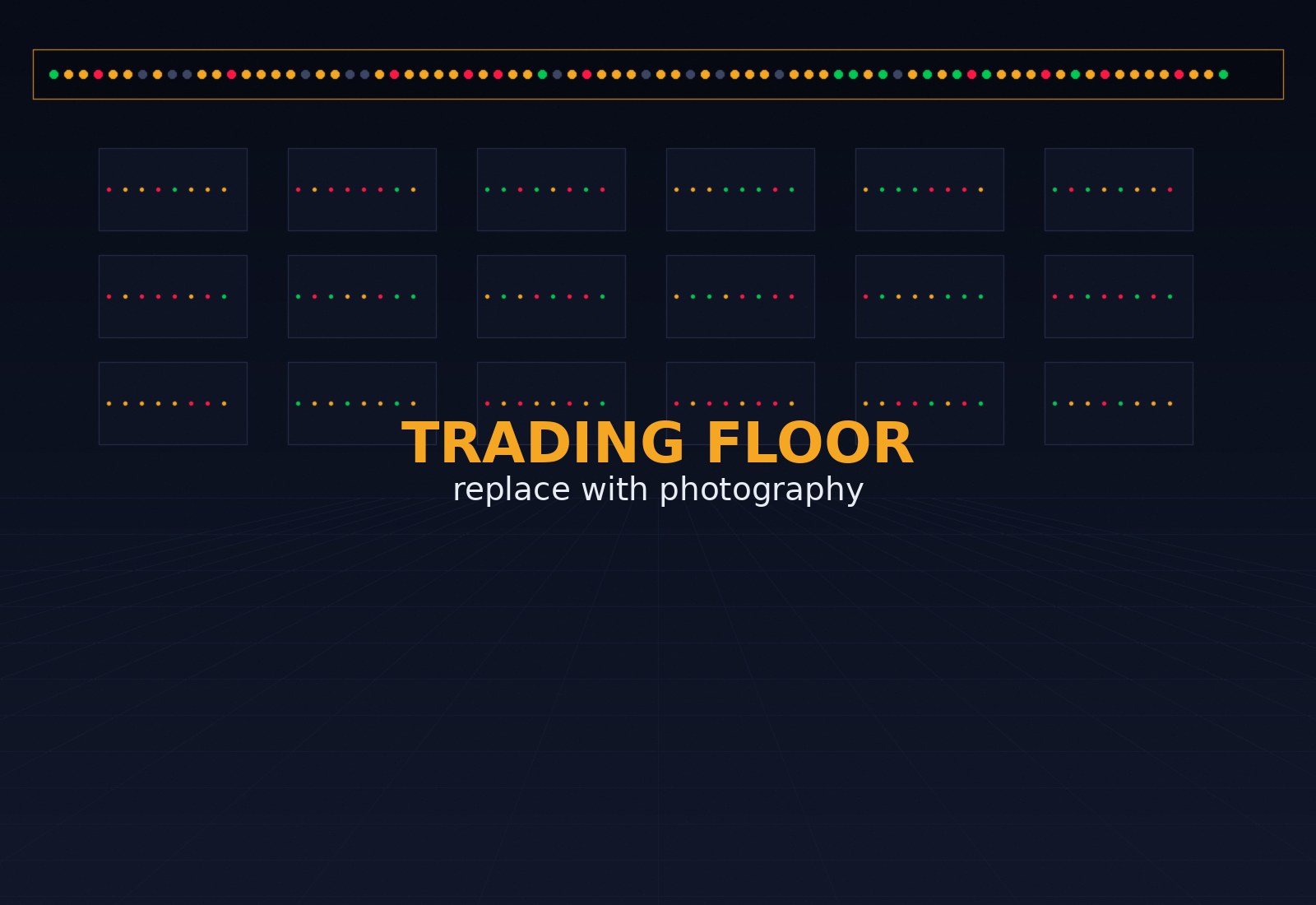 Modern trading floor interior with LED stock ticker displays mounted along the wall
